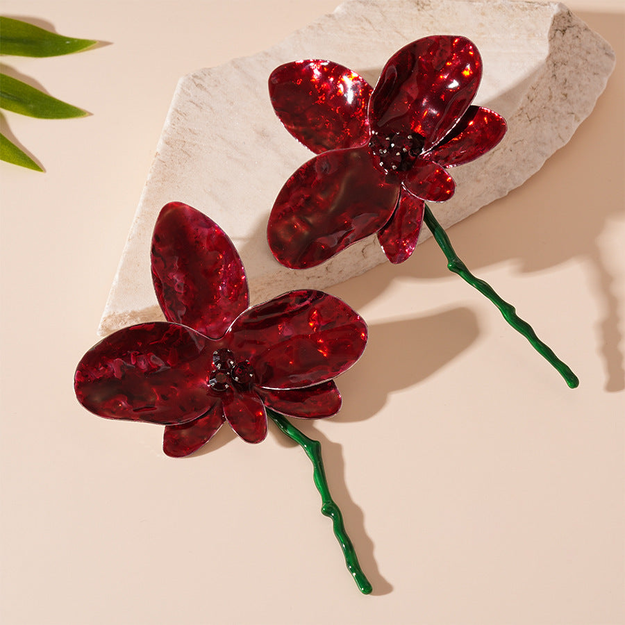 紅色布面花朵誇張耳環－46#銀針-紅色款細節33｜https://igowo.tw/