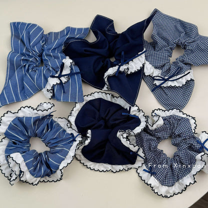 藍色蕾絲格紋髮圈－商品主圖｜https://igowo.tw/