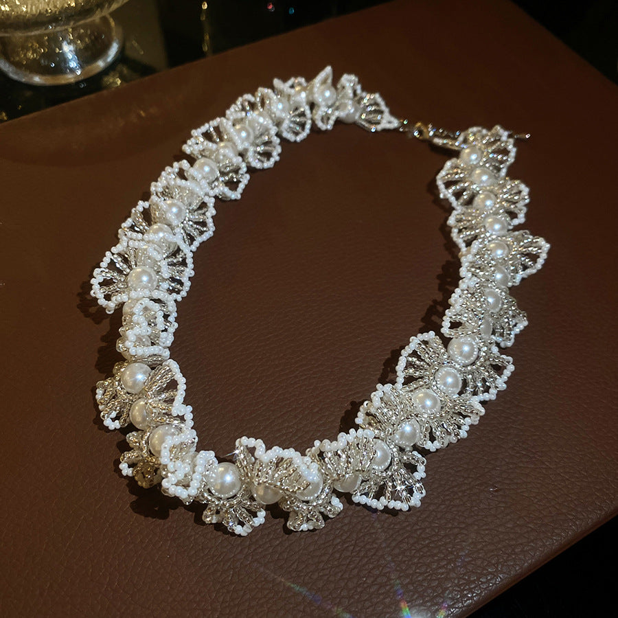 法式珍珠水晶串珠花邊項鏈手鏈耳環套裝新款輕奢高級感飾品女