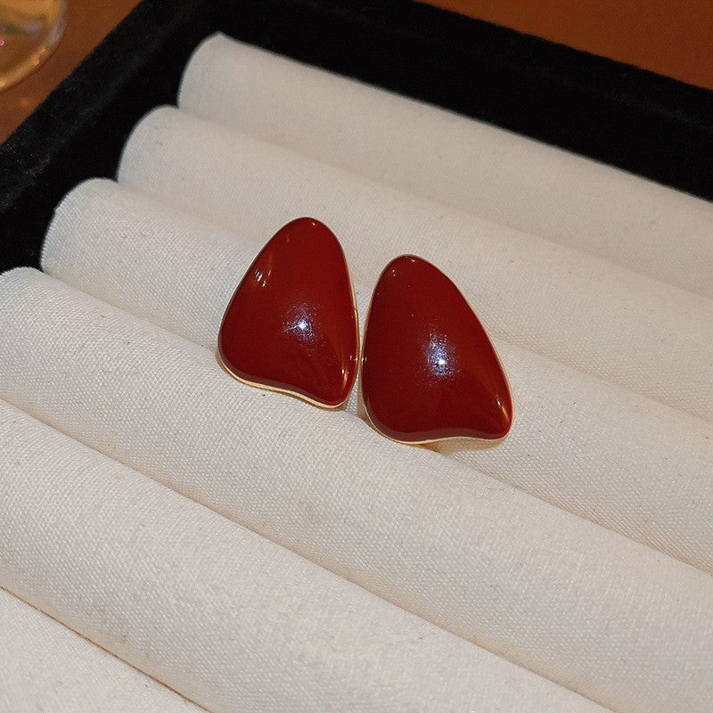 真金電鍍銀針安可拉紅色滴油耳釘小眾百搭耳環秋冬輕奢高級感耳飾