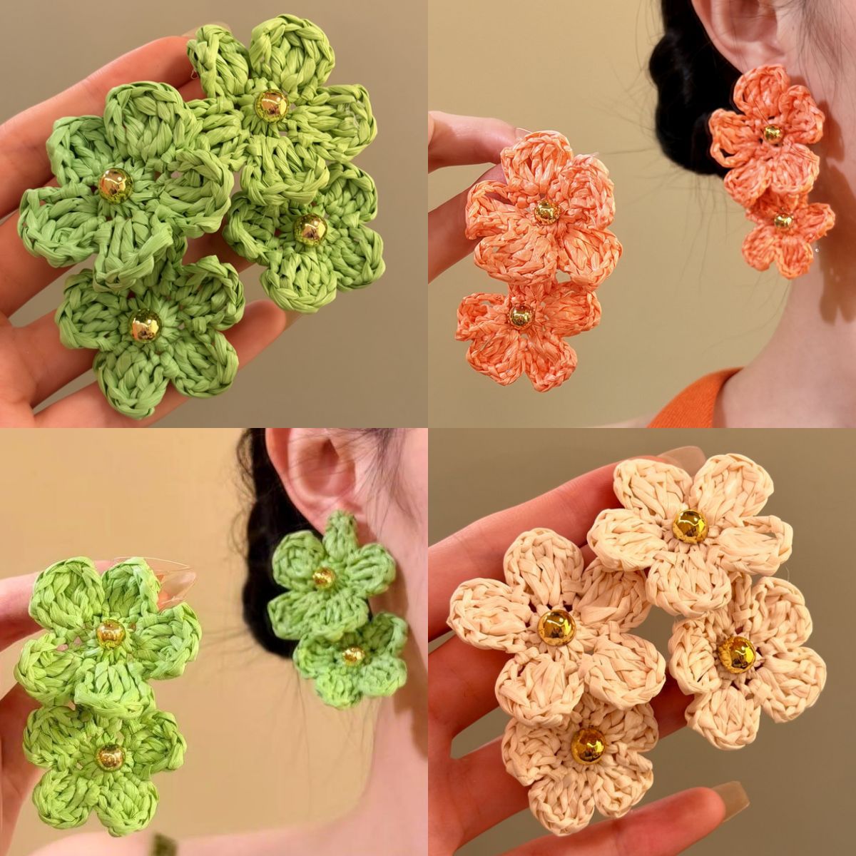 銀針拉菲草花朵耳釘簡約時尚海島夏日度假風耳環設計感小眾耳飾女