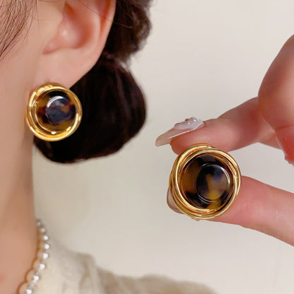 金屬豹紋幾何復古耳釘－商品主圖｜https://igowo.tw/