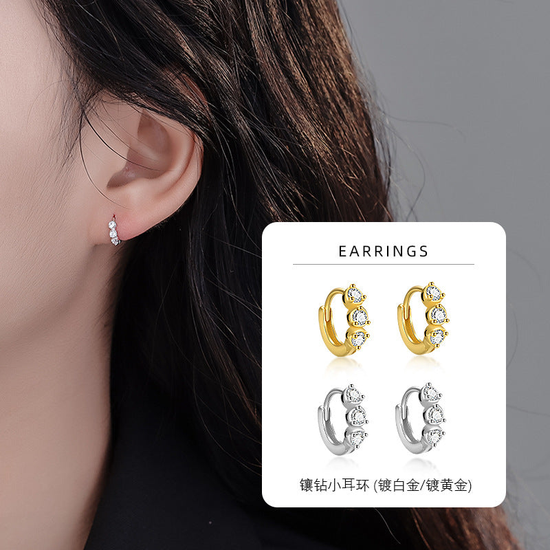 S925 幾何形鍍18K金圓圈女耳環輕奢小眾氣質素圈微鑲耳圈耳飾
