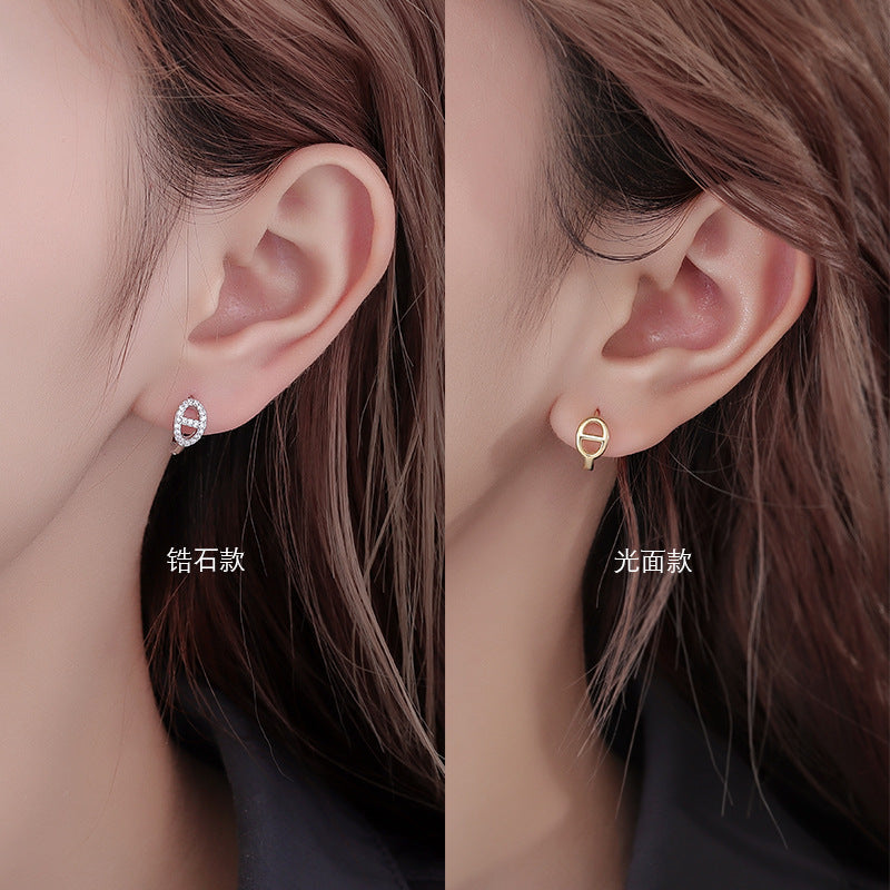 S925 滿鑲鋯石豬鼻子耳環女INS氣質百搭橢圓雙D設計高級感耳環