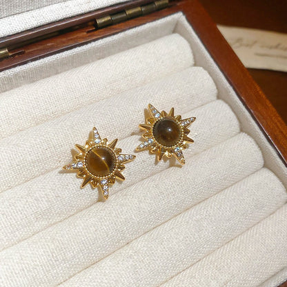 銀針煙花虎眼石珍珠耳釘秋冬氣質百搭小眾設計耳環輕奢高級感耳飾