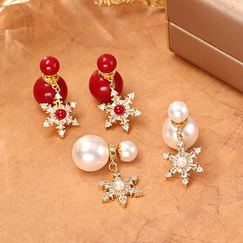 紅色珍珠雪花兩用耳釘－商品主圖｜https://igowo.tw/
