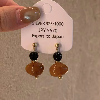 銀針樹脂虎眼石幾何吊墜耳環復古美拉德風耳釘時尚小眾設計感耳飾