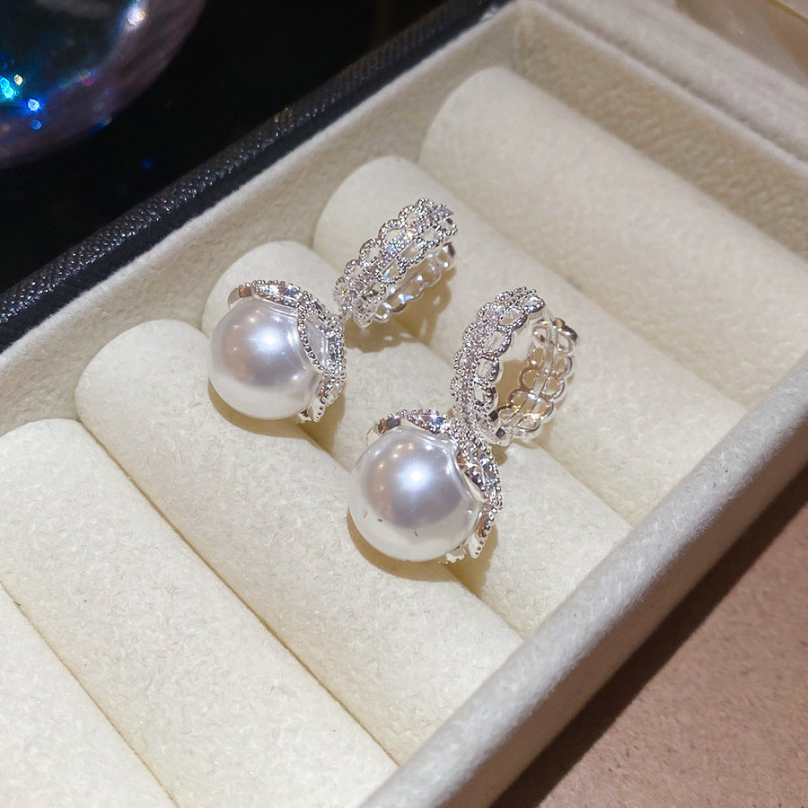 真金電鍍鋯石花邊珍珠耳扣法式復古優雅氣質百搭耳環輕奢小眾耳飾
