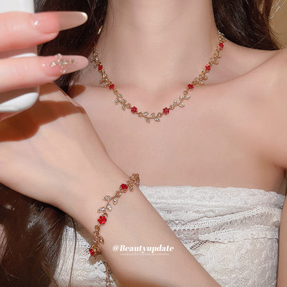 鋯石樹葉項鍊耳環組－套裝-金色-紅色款實拍｜https://igowo.tw/