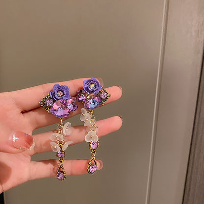 銀針鑲鉆蝴蝶流蘇耳環韓國甜美花朵長款耳墜時尚輕奢高級感耳飾女