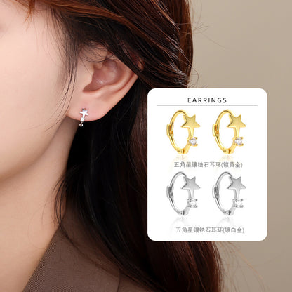 S925 鑲鑽五角星耳環2025新款女時尚簡約個性氣質百搭耳圈耳扣