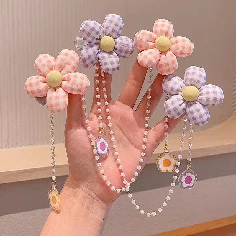 繽紛布面花朵流蘇髮夾－綠色款細節1｜https://igowo.tw/