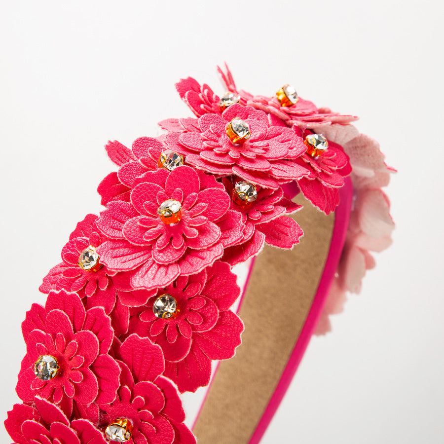 彩色玻璃花朵復古髮箍－玫紅款實拍｜https://igowo.tw/