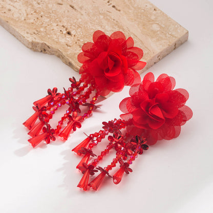 串珠花朵垂墜長版耳環－紅色款細節4｜https://igowo.tw/