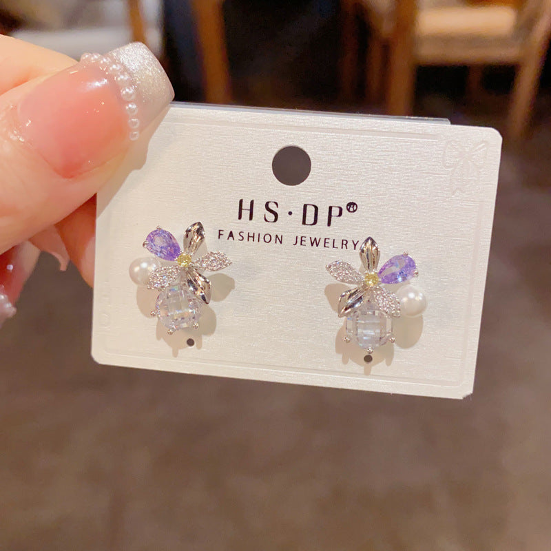 S925珍珠鋯石花朵耳釘