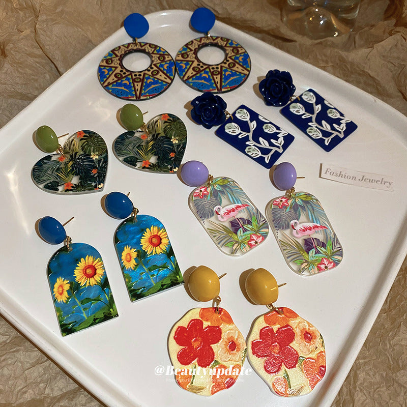 銀針法式油畫向日葵耳環創意設計感火烈鳥耳墜跨境唯美文藝風耳飾