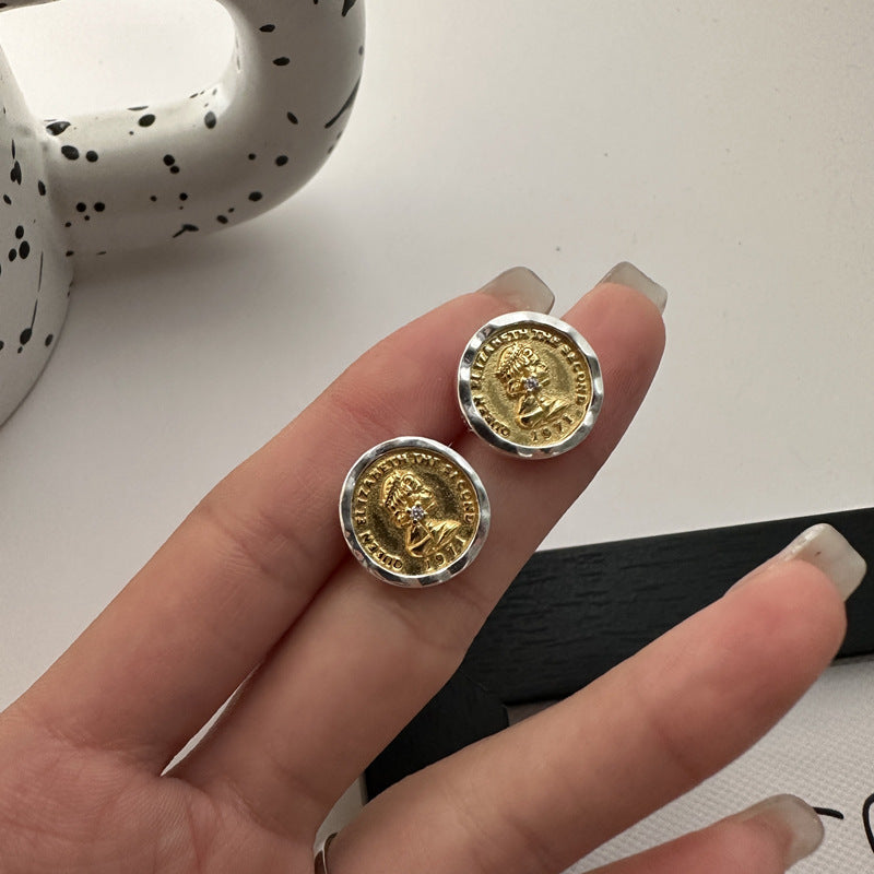 S925純銀韓版小眾設計金銀撞色人像耳釘韓國風時髦復古個性耳環耳