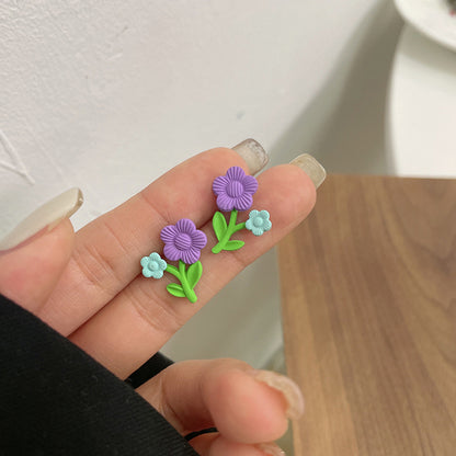 撞色銀針花朵小巧耳釘