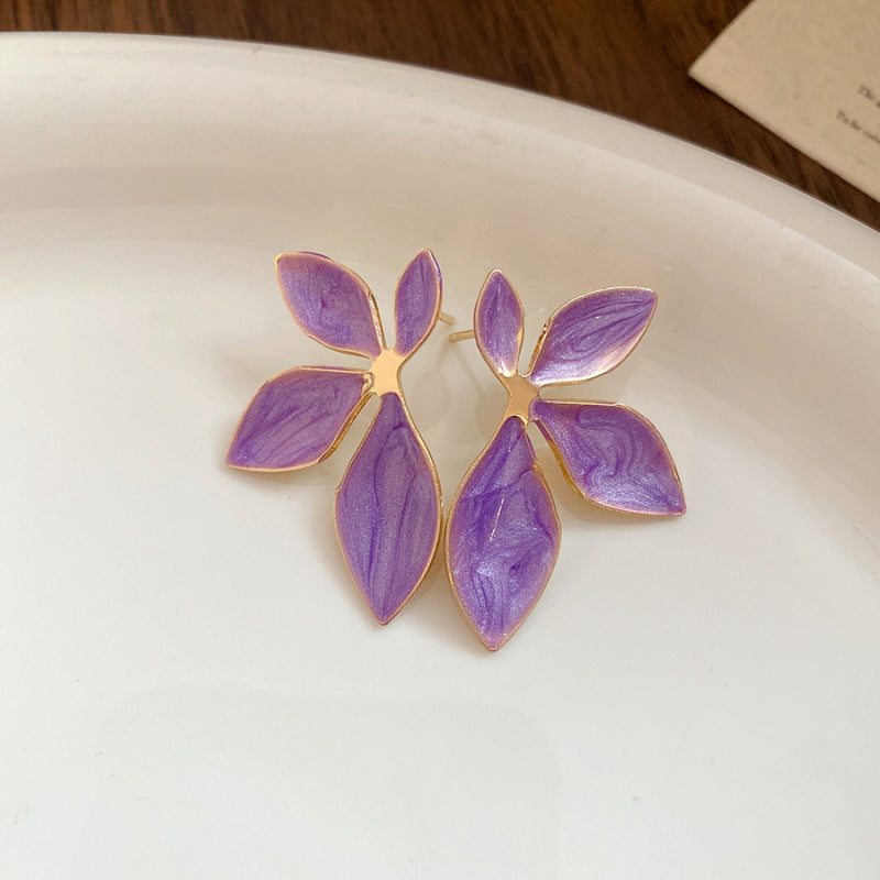 琺瑯珍珠樹葉花朵耳釘－9#銀針-綠色款細節6｜https://igowo.tw/