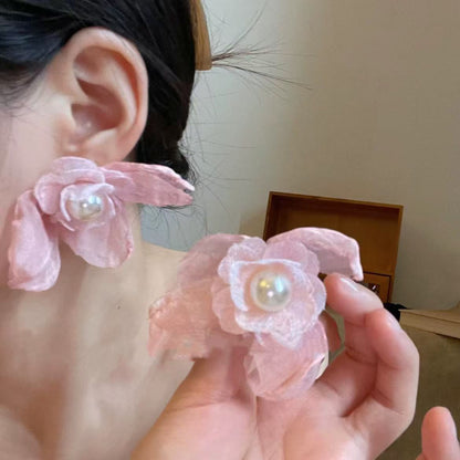 銀針花瓣網紗水晶流蘇耳釘粉色甜美海邊度假風耳環氣質時尚耳飾女