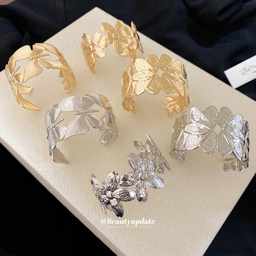 金屬紋路幾何花朵開口手鐲冷淡風潮流個性氣質手環設計感小眾手飾