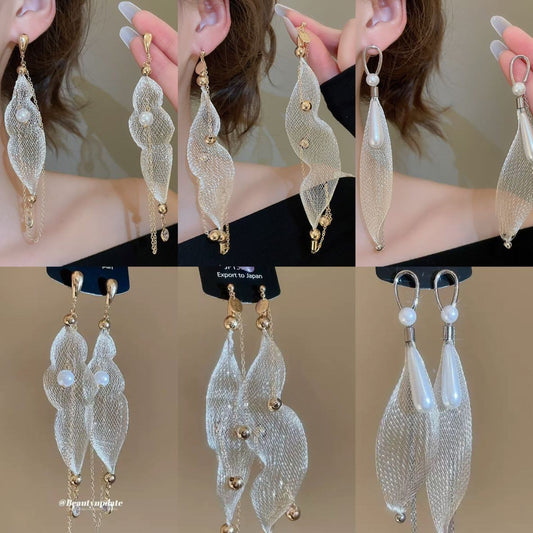 珍珠銀針水滴流蘇耳環－商品主圖｜https://igowo.tw/
