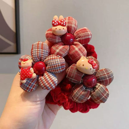 紅色格紋花朵髮圈－小貓花朵紅色髮圈款細節1｜https://igowo.tw/