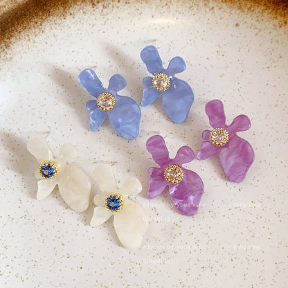 銀針超閃鋯石樹脂花朵耳釘小清新甜美百搭耳環輕奢高級感耳飾批發