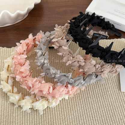 網紗纏繞編織髮箍－米白色款實拍｜https://igowo.tw/