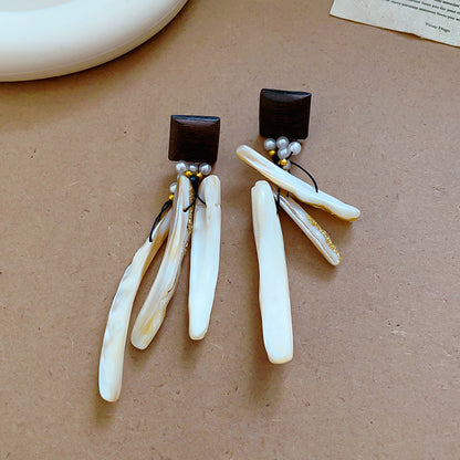 珍珠貝殼流蘇耳釘