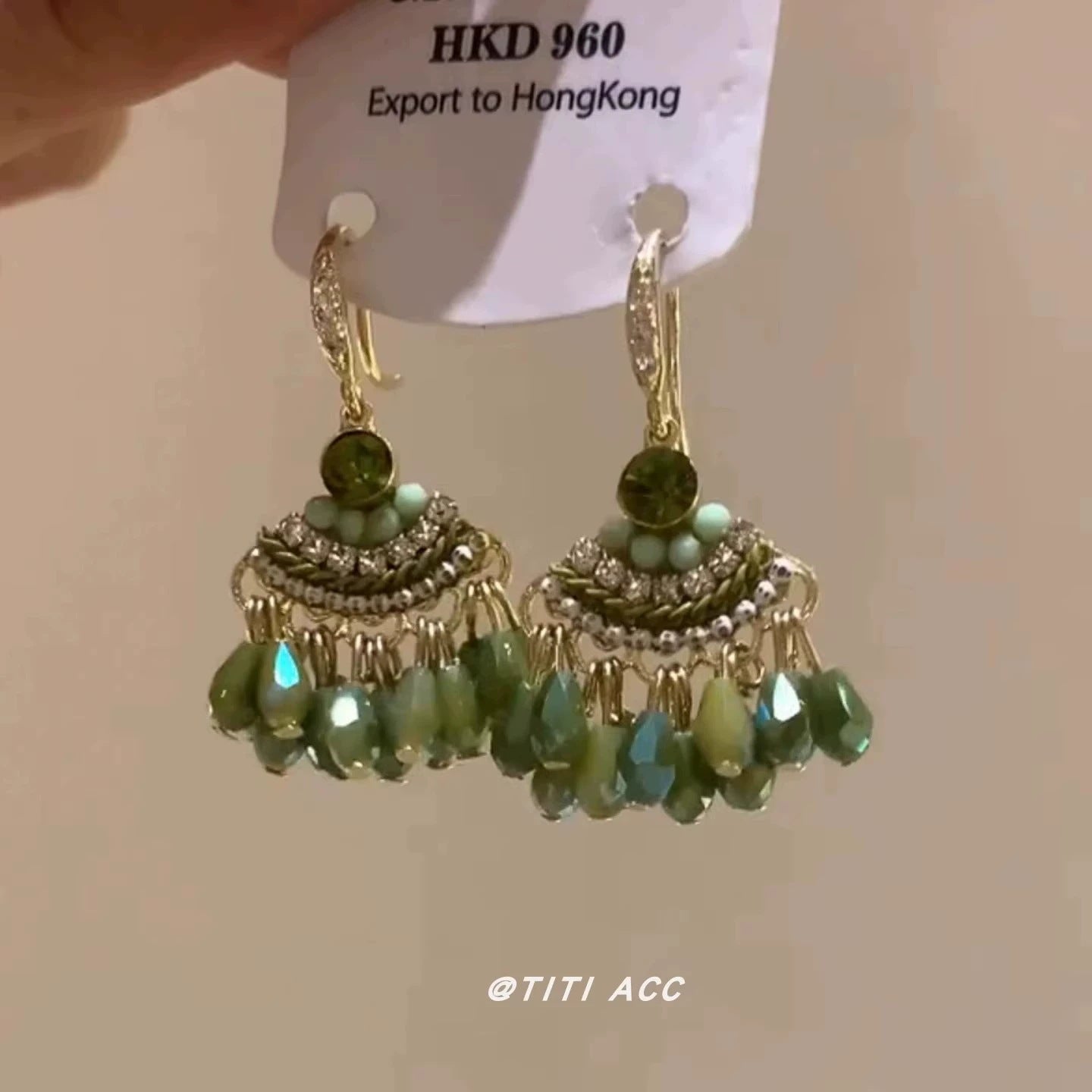森系綠色仿水晶水滴流蘇耳環
