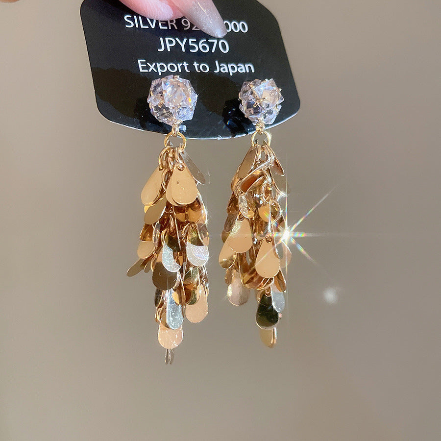 銀針歐美金屬感鋯石水滴亮片流蘇耳環時尚耳墜耳釘輕奢高級感耳飾