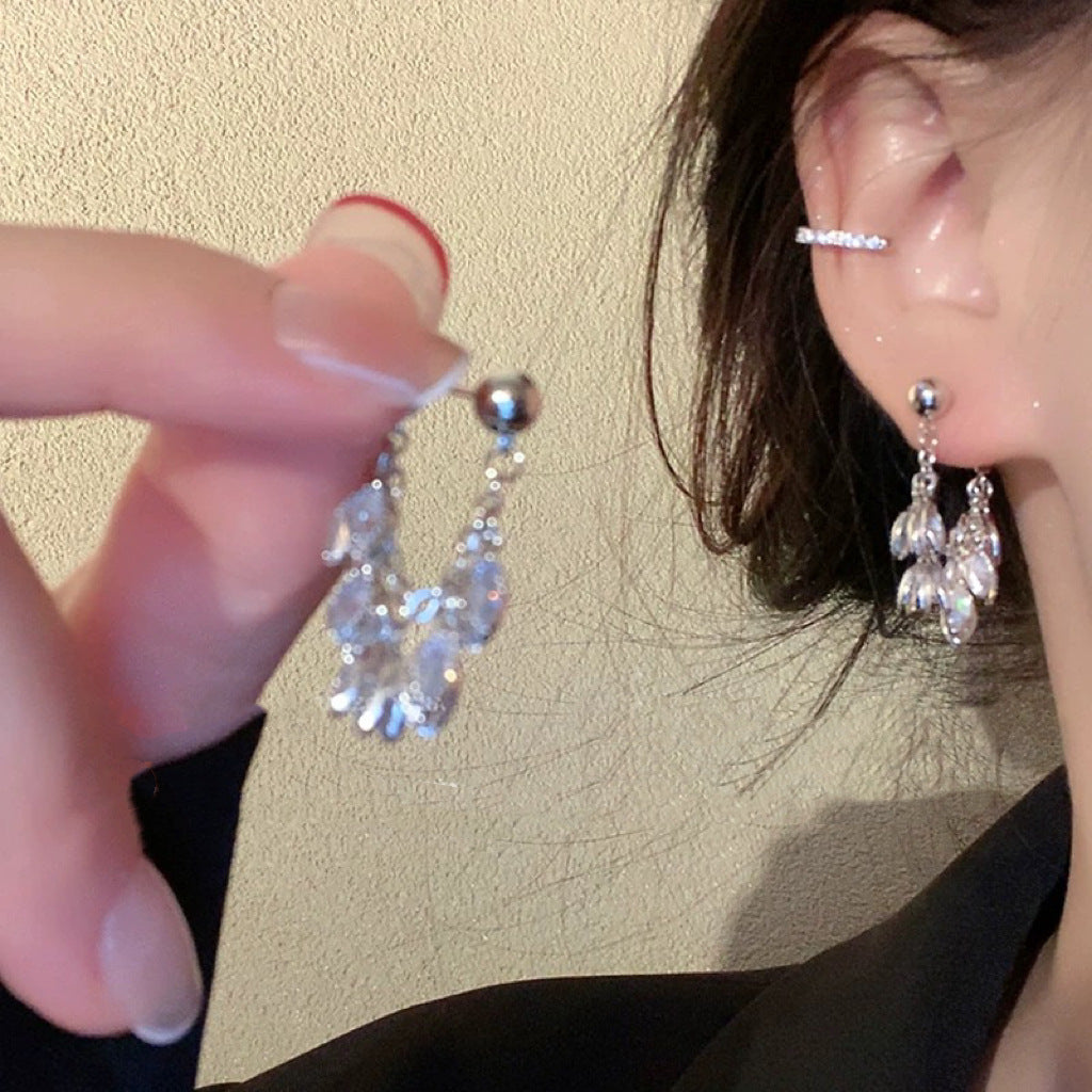 銀針超閃鑲鉆樹葉流蘇耳釘時尚氣質耳環女小眾設計耳飾輕奢高級感