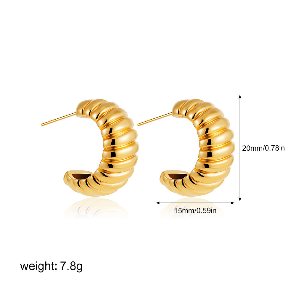 金色格紋C形簡約耳環