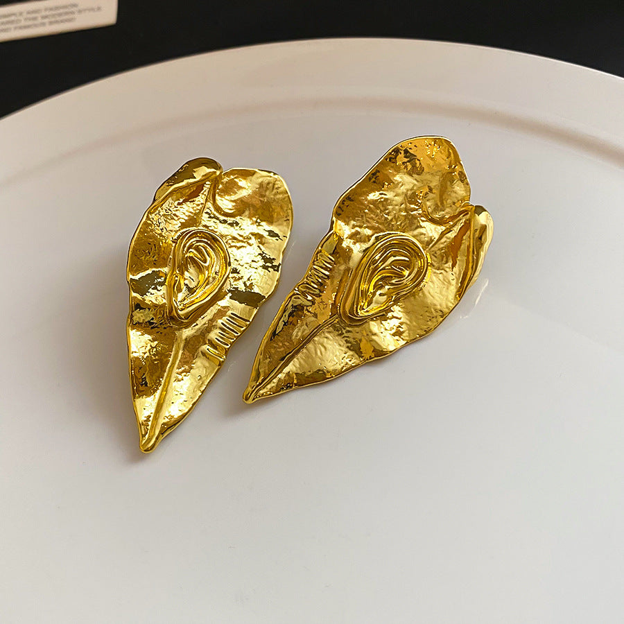 歐美跨境金屬樹葉耳朵褶皺耳釘輕奢高級感耳環時尚耳飾設計感小眾