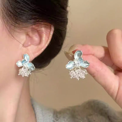 銀針滴油花朵水晶流蘇耳釘甜美氣質優雅小眾耳環輕奢高級感耳飾女
