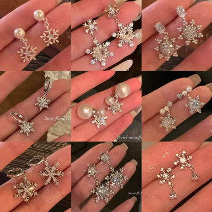銀針鋯石雪花珍珠耳釘圣誕優雅小眾氣質百搭耳環輕奢高級感耳飾女
