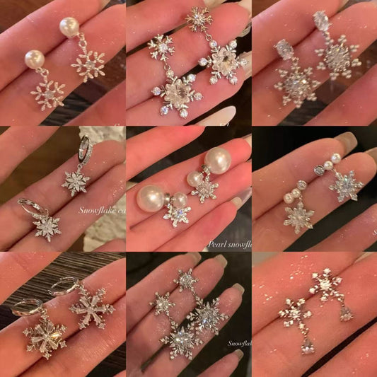 銀針鋯石雪花珍珠耳釘圣誕優雅小眾氣質百搭耳環輕奢高級感耳飾女