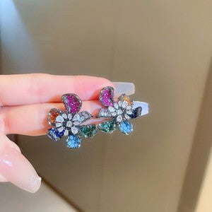 銀針鑲鉆人造珍珠水晶款花朵耳環歐美夸張設計流蘇耳墜高級感耳飾