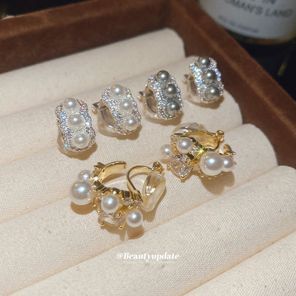 鋯石圓形珍珠耳夾女無耳洞復古優雅小眾設計感耳環輕奢高級感耳飾