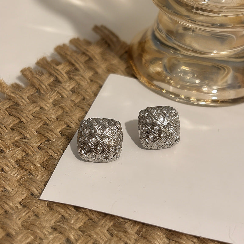 金色鋯石方形精雕耳釘