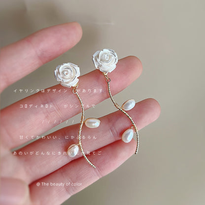珍珠銀針花朵流蘇耳釘