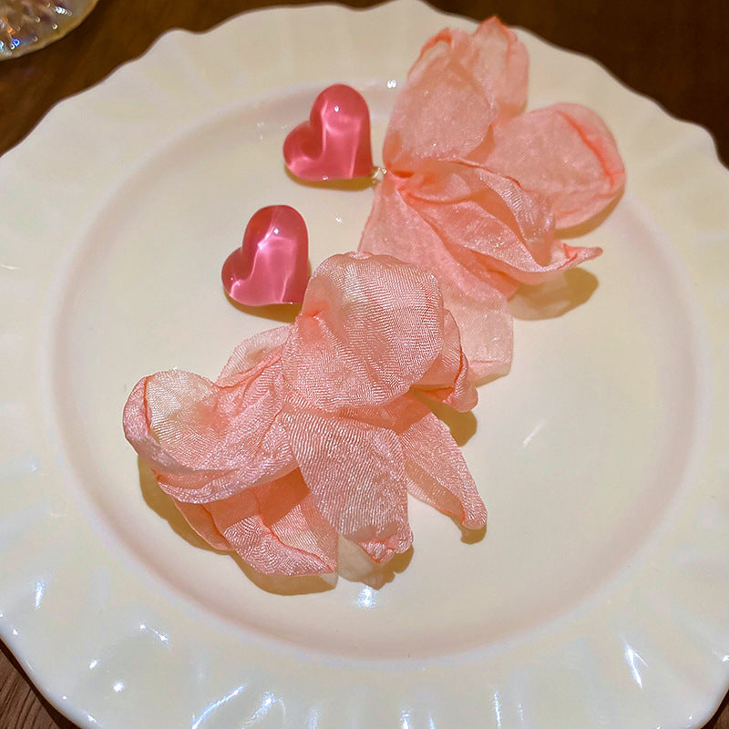 珍珠布面花朵流蘇耳釘