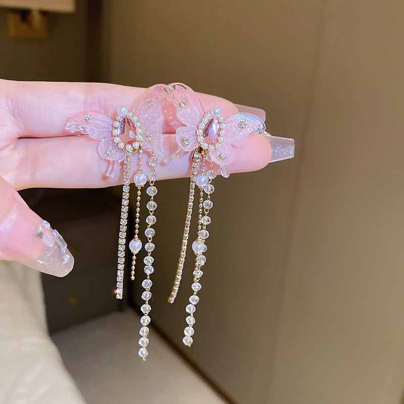 銀針鑲鉆蝴蝶流蘇耳環韓國甜美花朵長款耳墜時尚輕奢高級感耳飾女