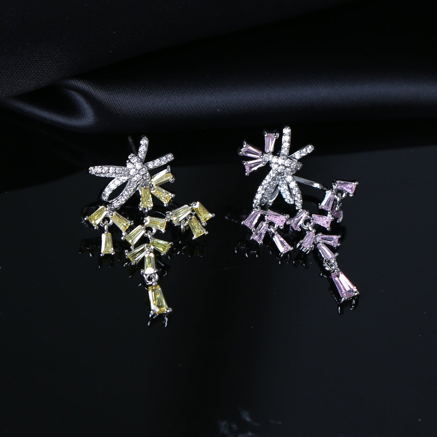 S925鋯石蝴蝶結長版耳環－粉色蝴蝶款實拍｜https://igowo.tw/