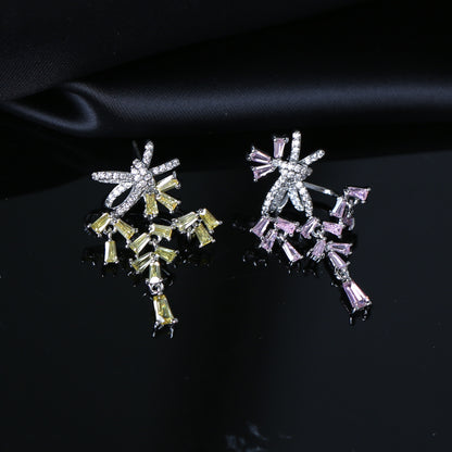 S925鋯石蝴蝶結長版耳環－粉色蝴蝶款實拍｜https://igowo.tw/