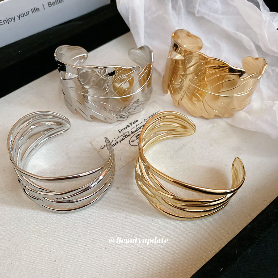 不規則金屬光面印花開口手鐲歐美復古簡約百搭手環輕奢高級感手飾