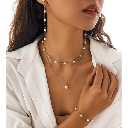仿珍珠雙層手鏈耳環組