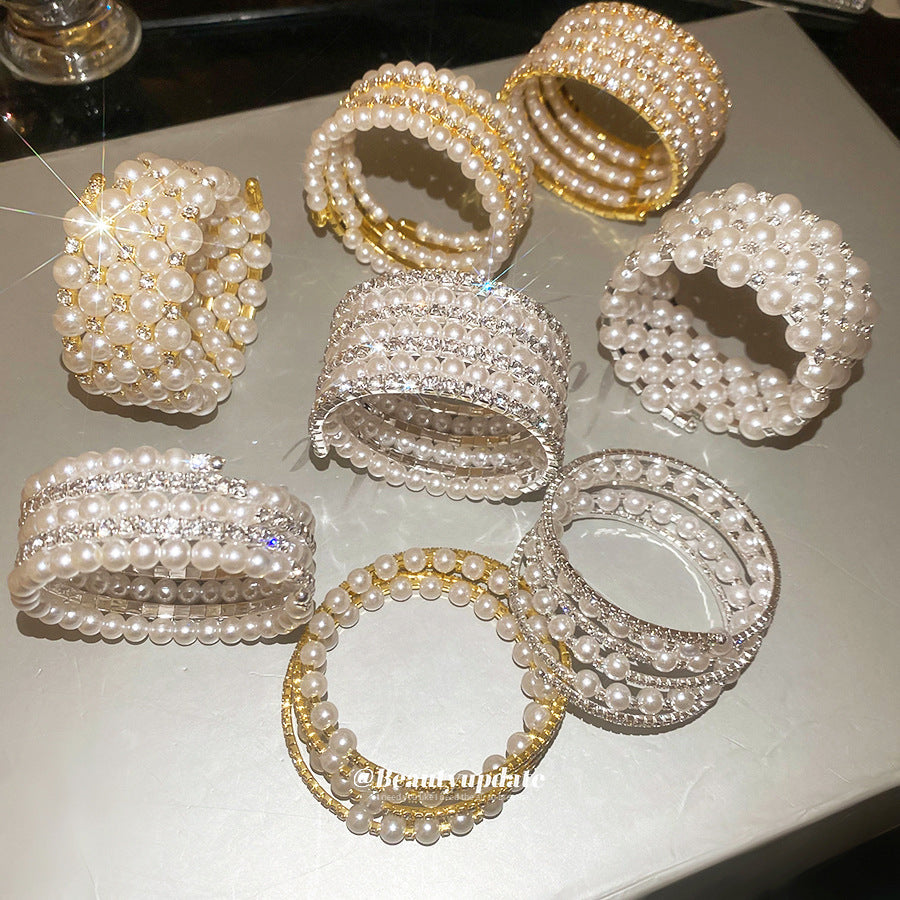復古鑲鉆多層珍珠開口手鐲輕奢高級感小眾手環時尚氣質百搭手飾女