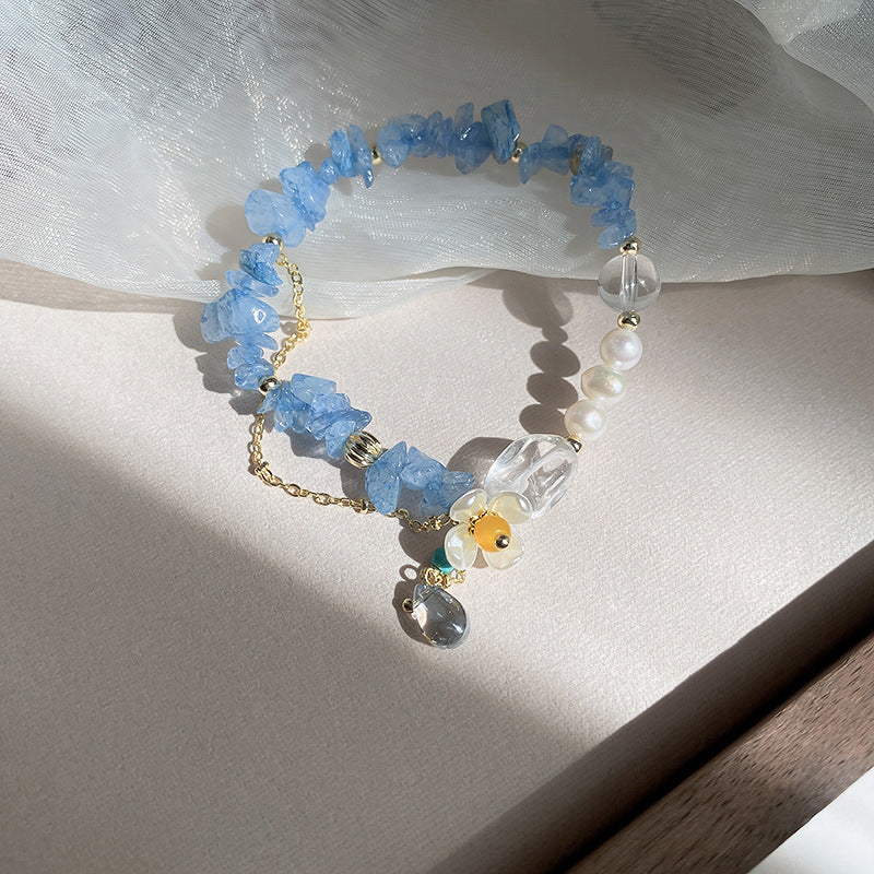 海藍寶山茶花串珠彈力手鏈女森系國風精致手串彩色粉霧高級感手環